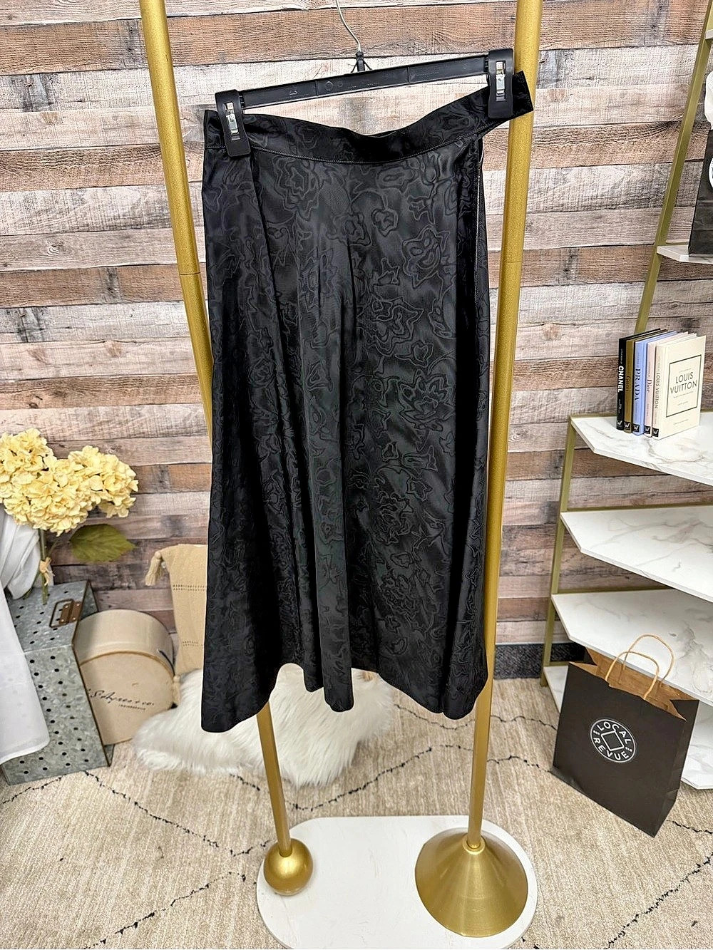 No Label Black Textured Floral Midi Skirt